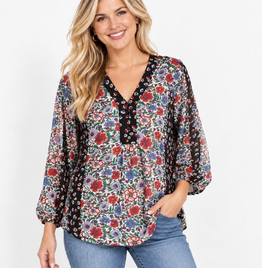 Nanette Lepore Black Floral Top Womens Size Large Mixed Print Cottage Boho